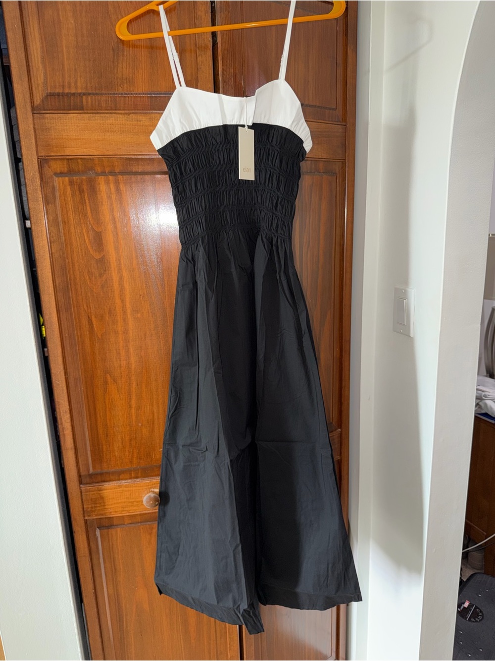 Elan Black and White Smocked Midi Dress
